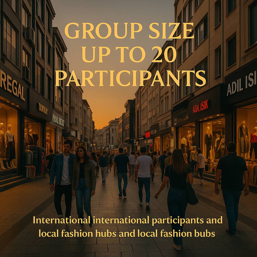 Modern shopping street in Istanbul’s Laleli district during Start Tour — up to 20 participants exploring Turkish fashion showrooms and vibrant local wholesale shops.