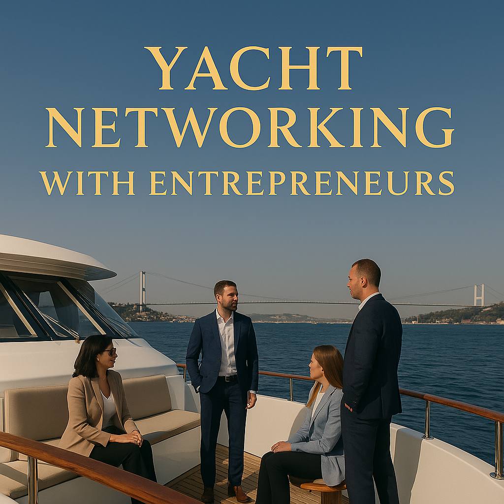 Yacht networking session during Istanbul Start Tour — international entrepreneurs exchanging business ideas while cruising the Bosphorus on a luxury boat.